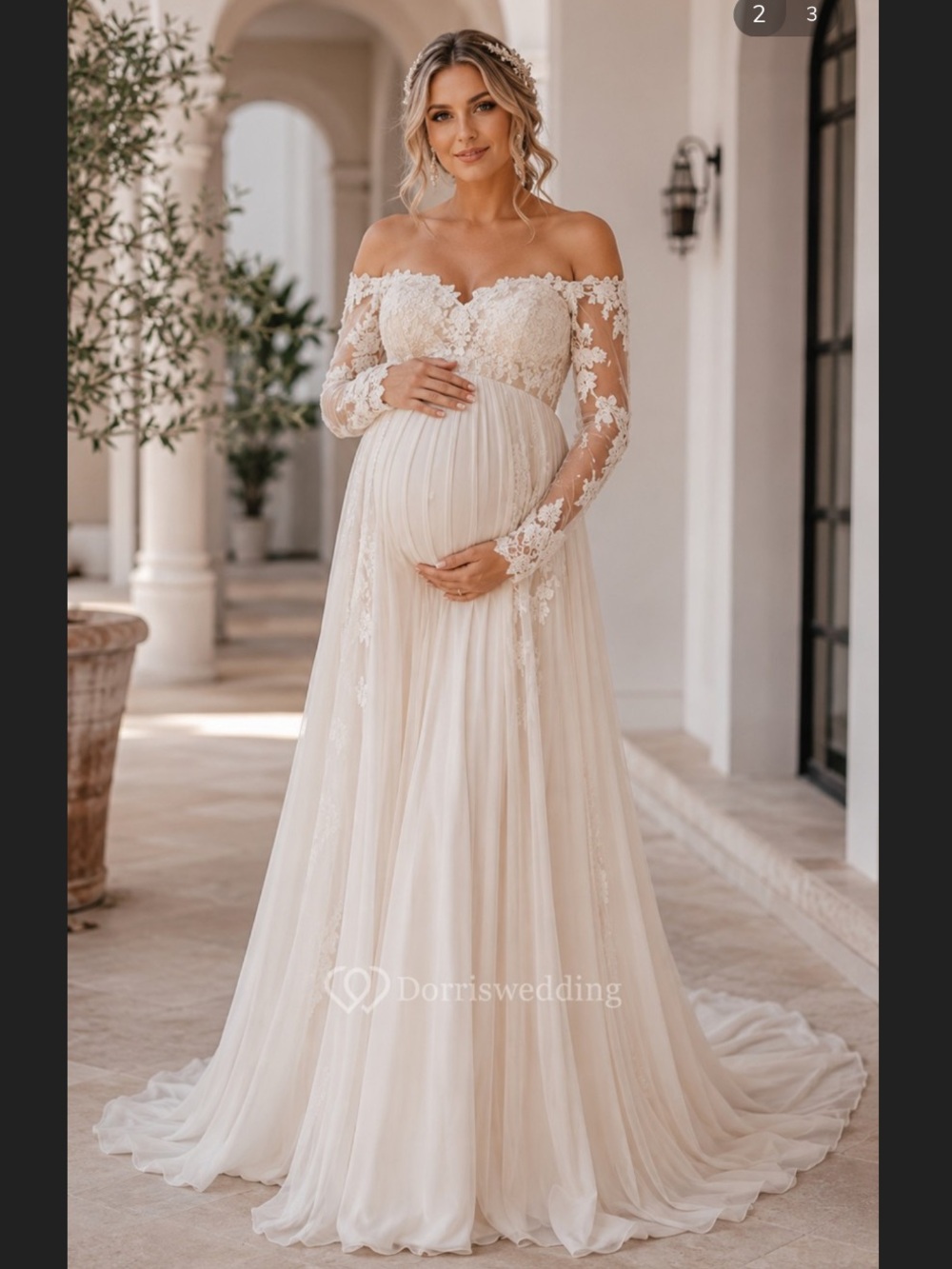 Off-Shoulder Lace Maternity Wedding Gown in Ivory